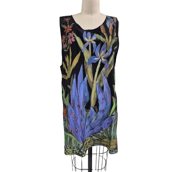 Glory Fibers original designs 100% silk hand painted dress black Iris Garden M - Picture 2 of 8
